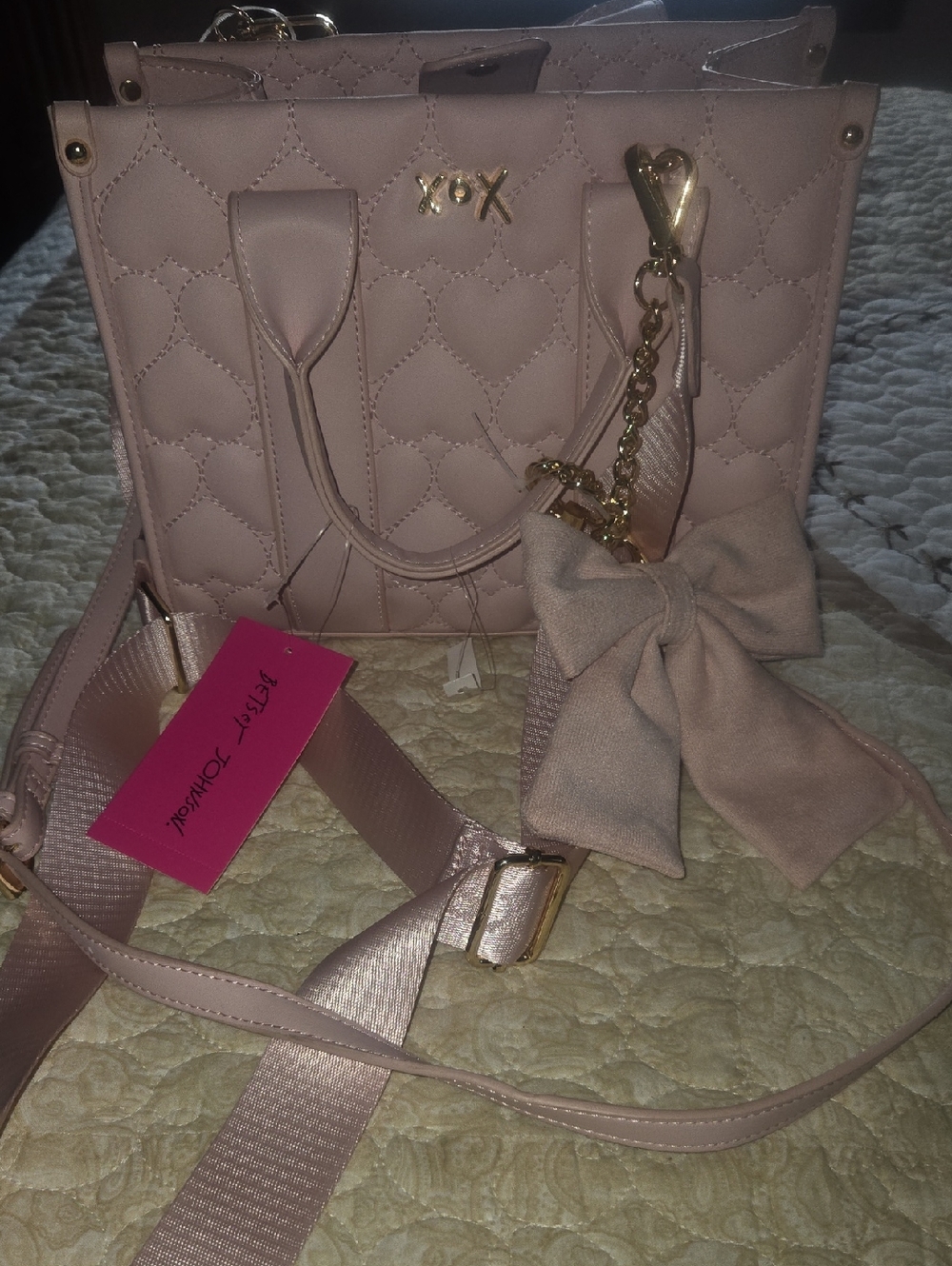 Quilted Bow Tote Handbag in Blush Pink